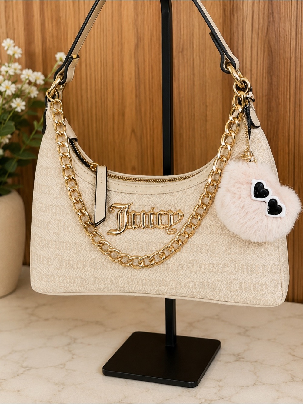 Juicy Couture Hey Queen Hobo Bag Sandstone Gold Chain Purse